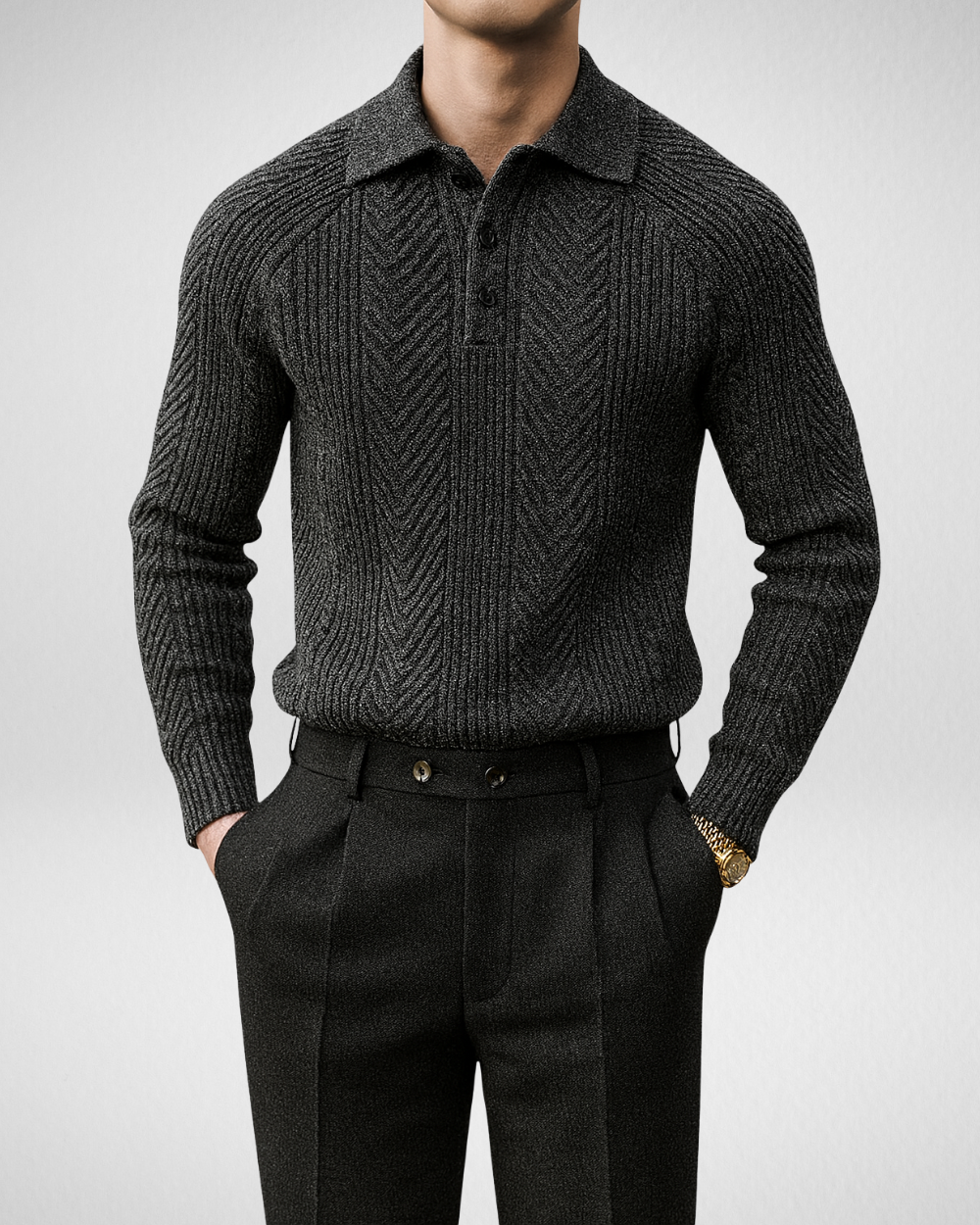 Heren Stijlvolle Polo Trui – Geribd Gebreid - Smart Casual