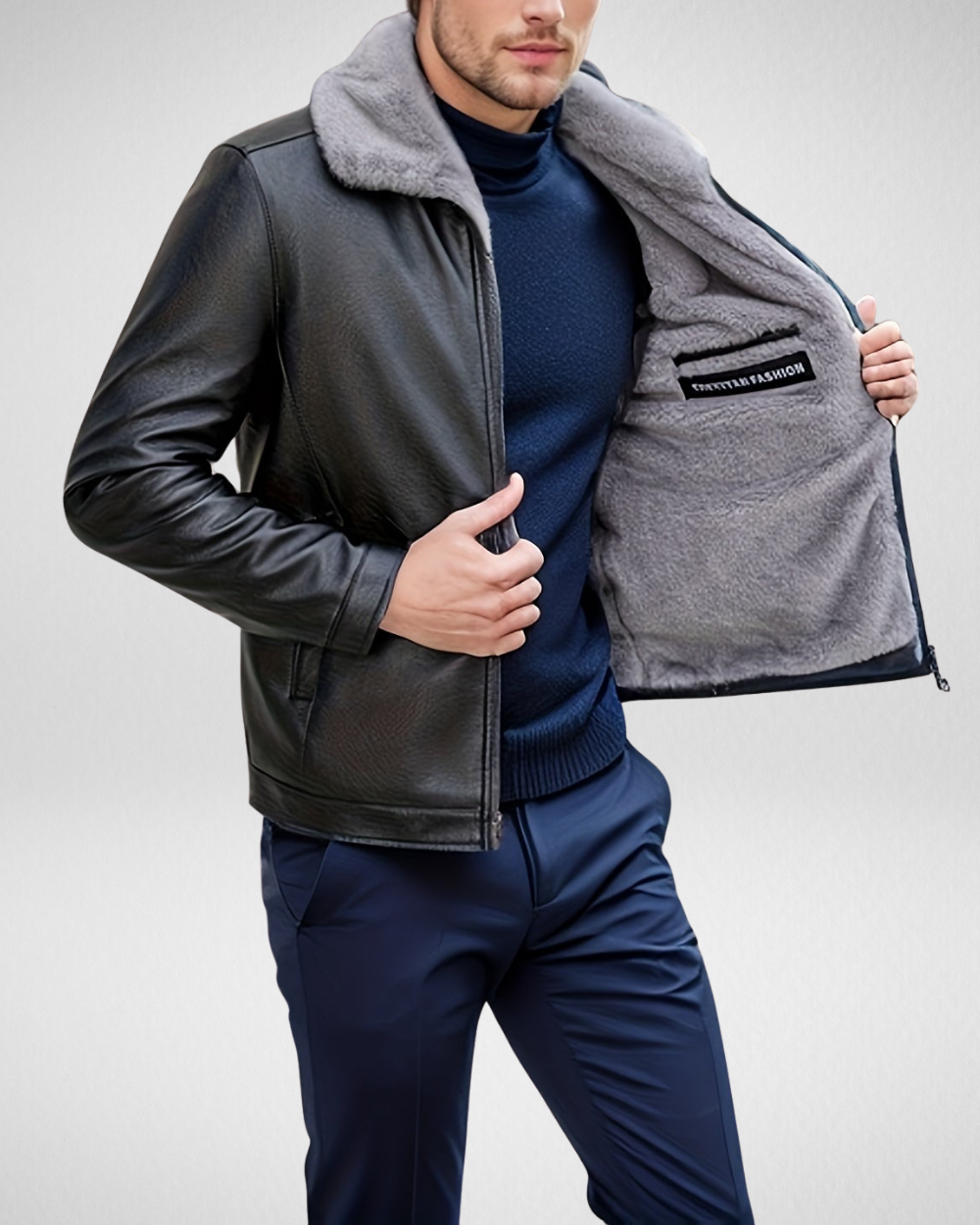 Heren PE Leren Winterjas – Warm met Fleece Voering