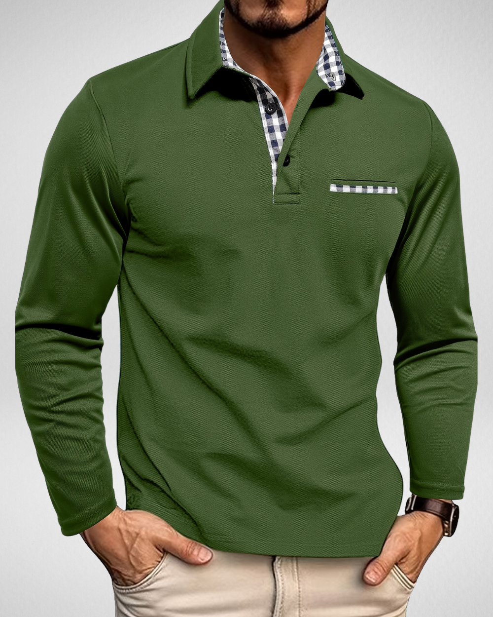 Heren Polo Shirt – Lange Mouw – Geruit Detail Look