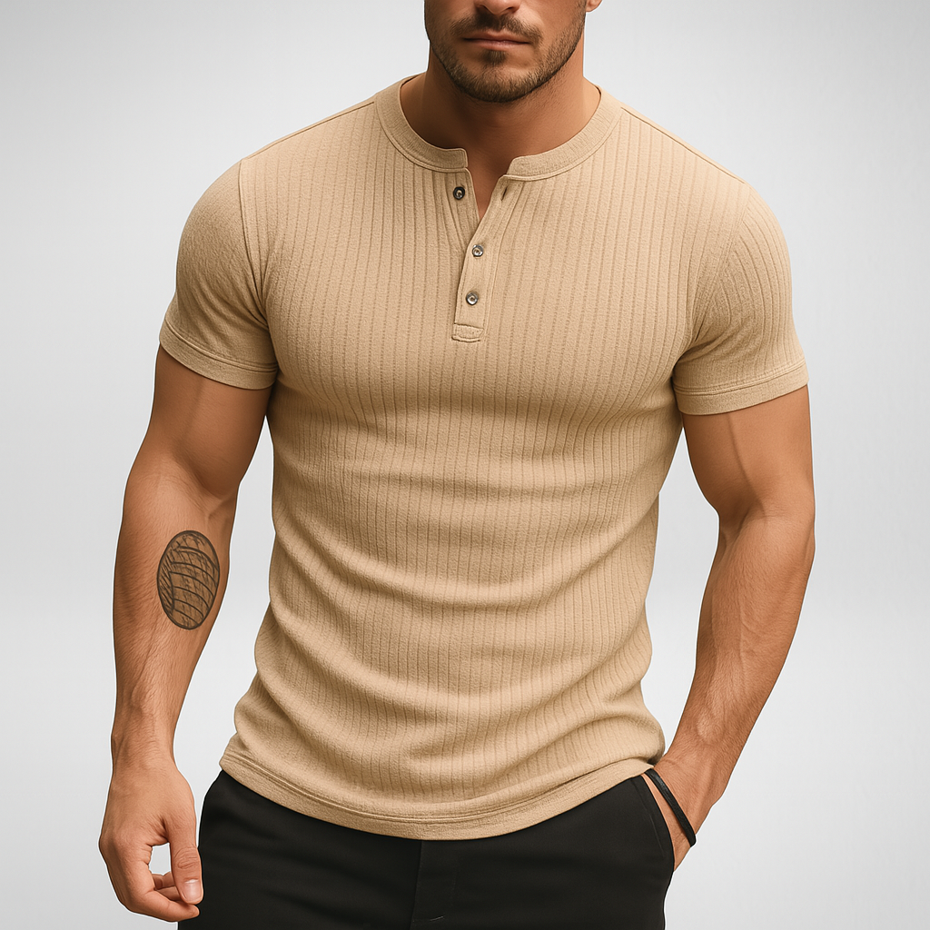 Henley T-shirt – Geribbelde Stof - Slim-fit