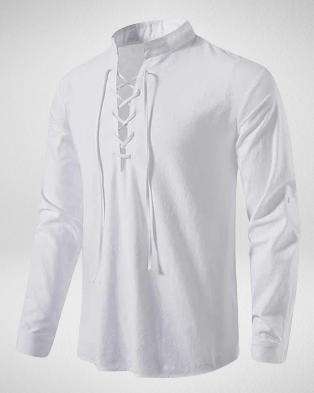 Heren Shirt –  Linnenlook – Lange Mouwen & Retro Vetersluiting