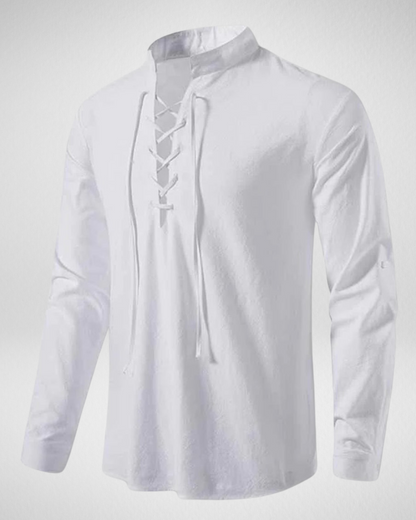 Heren Shirt –  Linnenlook – Lange Mouwen & Retro Vetersluiting