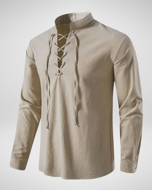 Heren Shirt –  Linnenlook – Lange Mouwen & Retro Vetersluiting