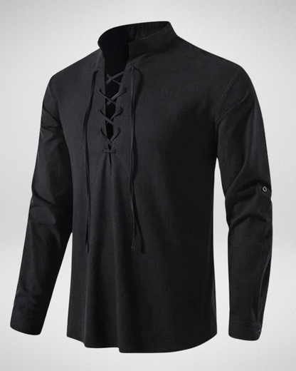 Heren Shirt –  Linnenlook – Lange Mouwen & Retro Vetersluiting