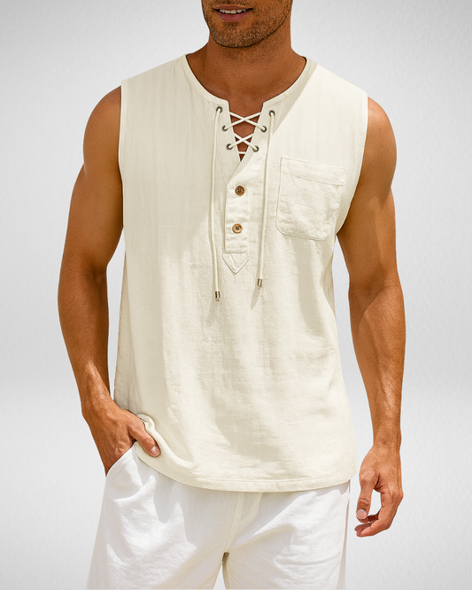 Mouwloos Heren Zomershirt – Vetersluiting – V-Hals