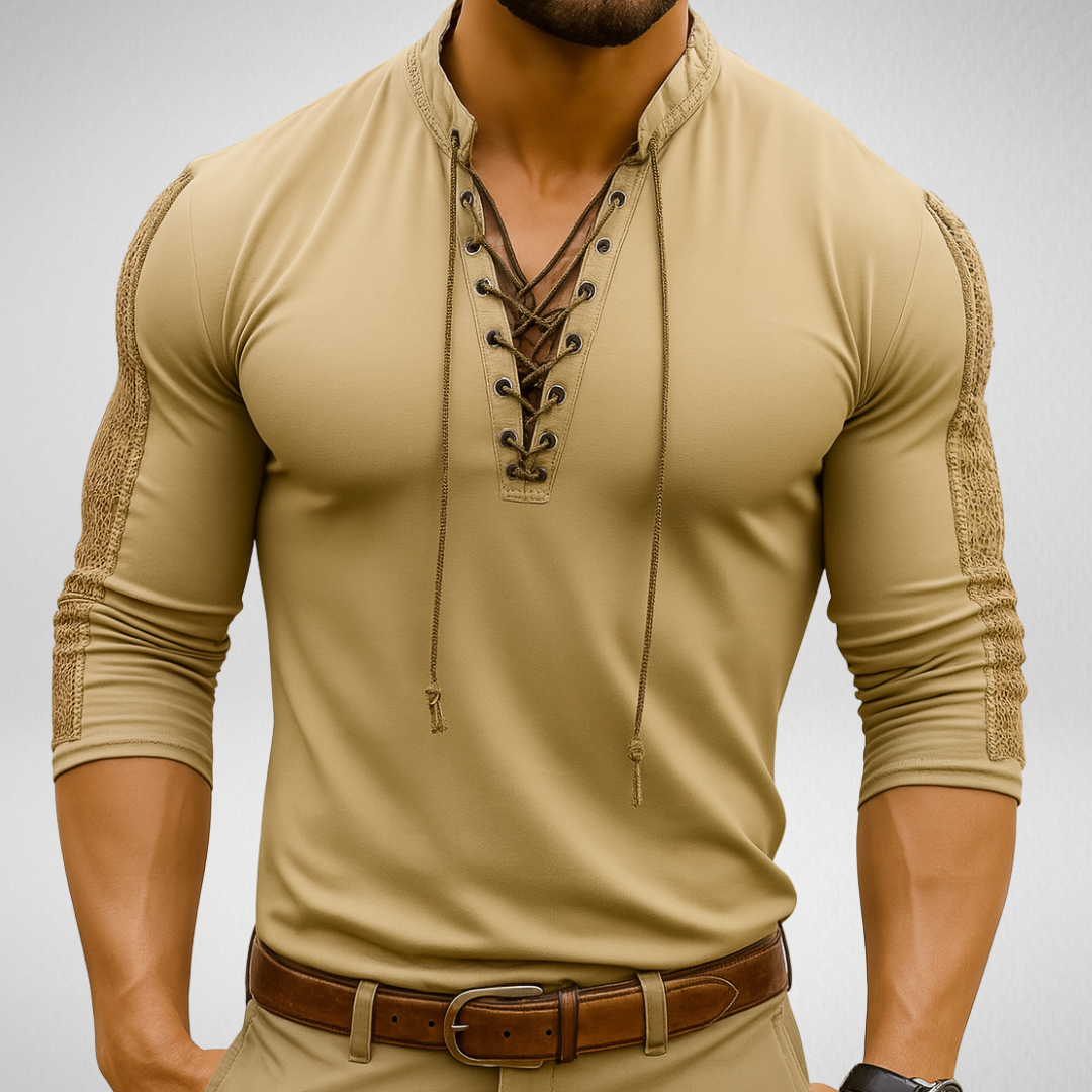V-hals Shirt met Vetersluiting – Longsleeve - Lichte Stretch