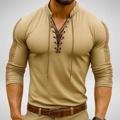 V-hals Shirt met Vetersluiting – Longsleeve - Lichte Stretch