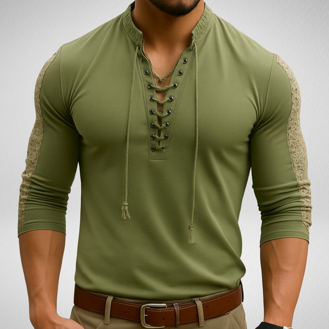 V-hals Shirt met Vetersluiting – Longsleeve - Lichte Stretch