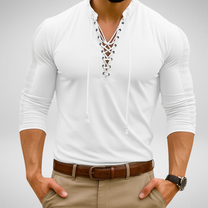 V-hals Shirt met Vetersluiting – Longsleeve - Lichte Stretch