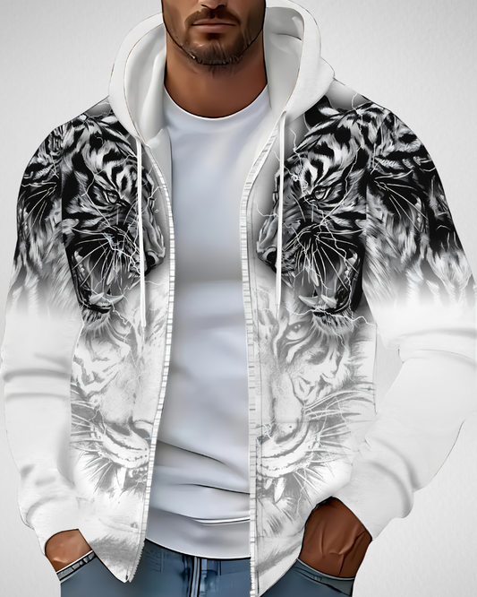 Heren Hoodie – Rits & Tijgerprint – Herfst