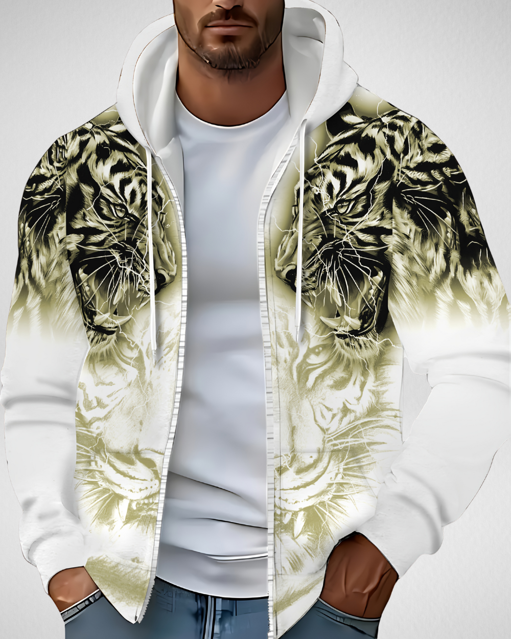 Heren Hoodie – Rits & Tijgerprint – Herfst