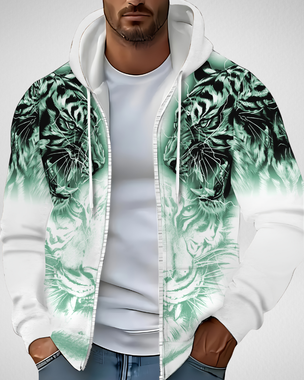 Heren Hoodie – Rits & Tijgerprint – Herfst