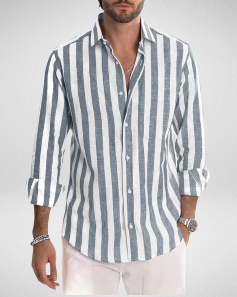 Heren Overhemd – Linnenlook & Verticale Strepen – Casual Zomerstijl