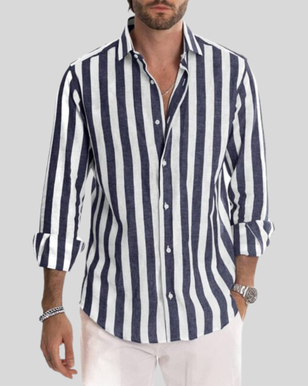 Heren Overhemd – Linnenlook & Verticale Strepen – Casual Zomerstijl