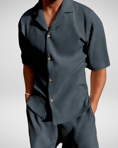 Heren Zomer Gestreepte Set – Overhemd & Shorts