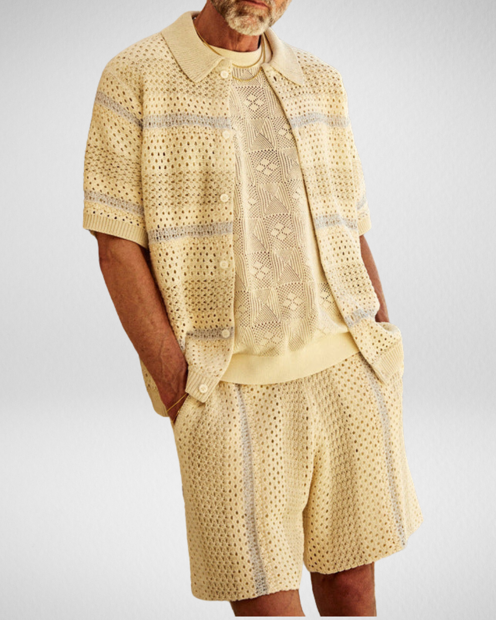 Heren Zomer Set – Gebreide Overhemd & Korte Broek
