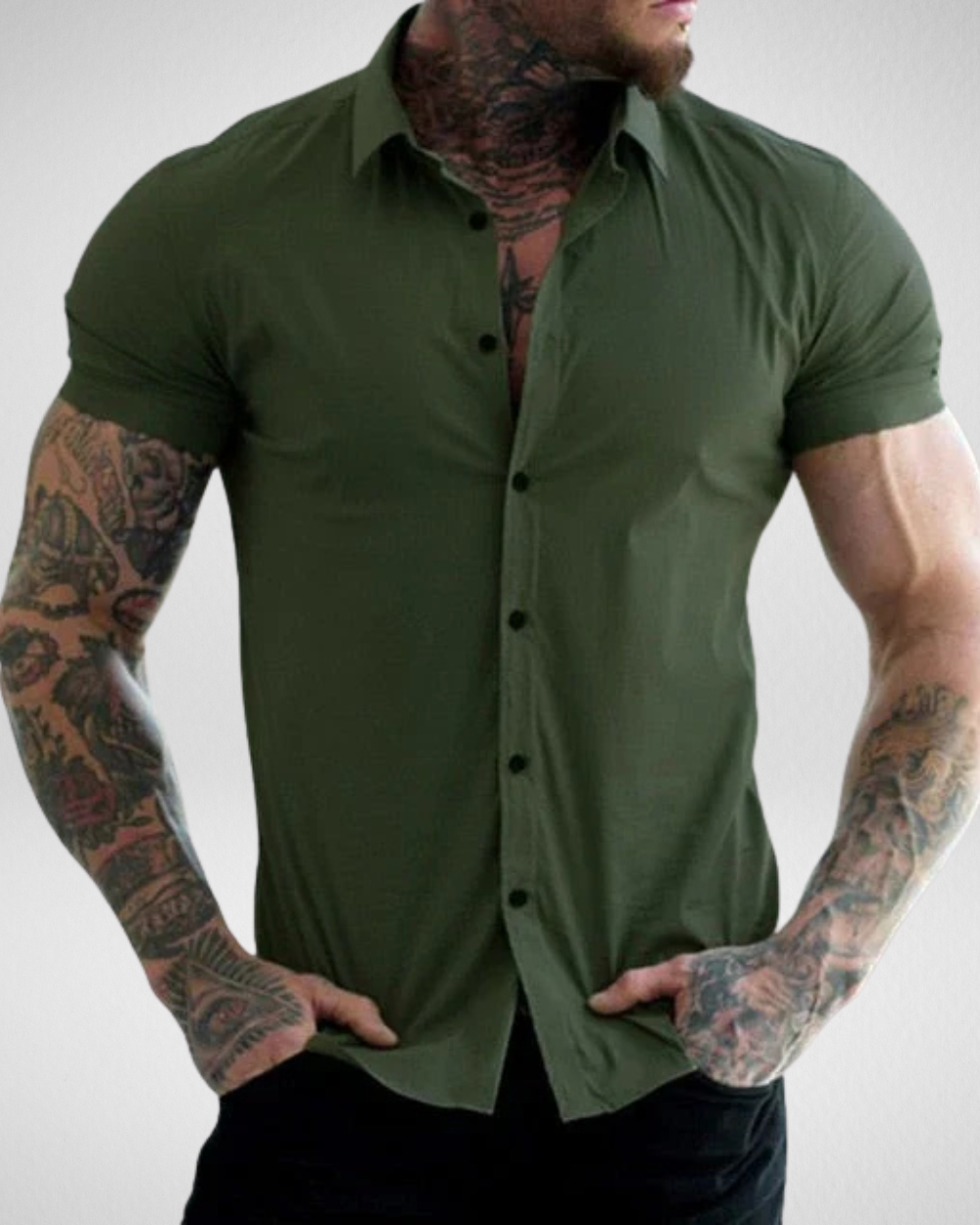 Heren Slim Fit Overhemd – Korte Mouwen – Stretch