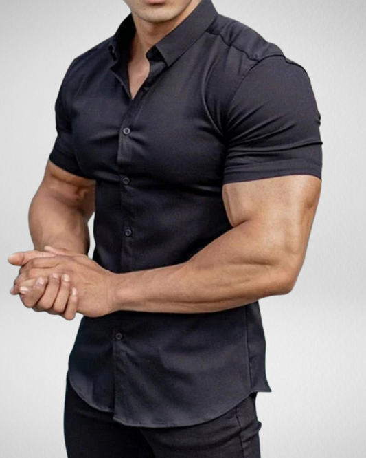 Heren Slim Fit Overhemd – Korte Mouwen – Stretch