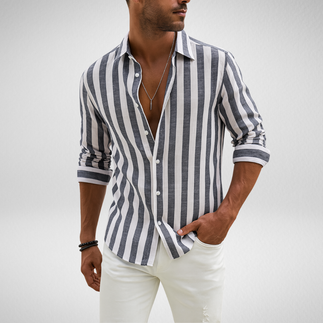 Heren Zomer Overhemd - Lange Mouwen – Blauw-Wit Gestreept