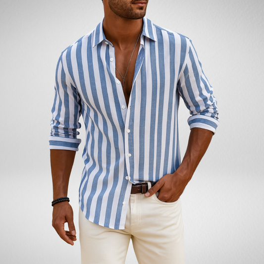 Heren Zomer Overhemd - Lange Mouwen – Blauw-Wit Gestreept
