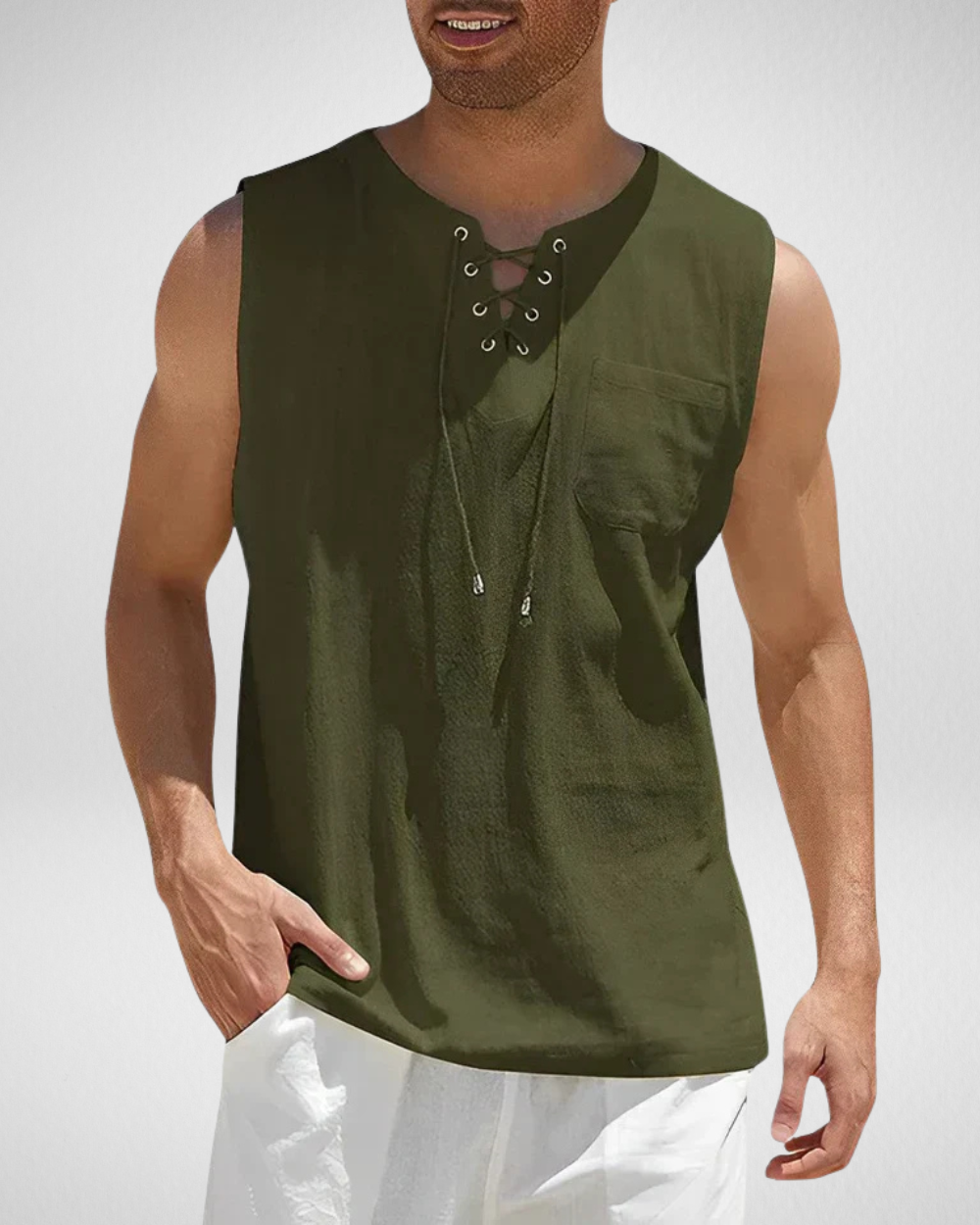 Mouwloos Heren Zomershirt – Vetersluiting – V-Hals