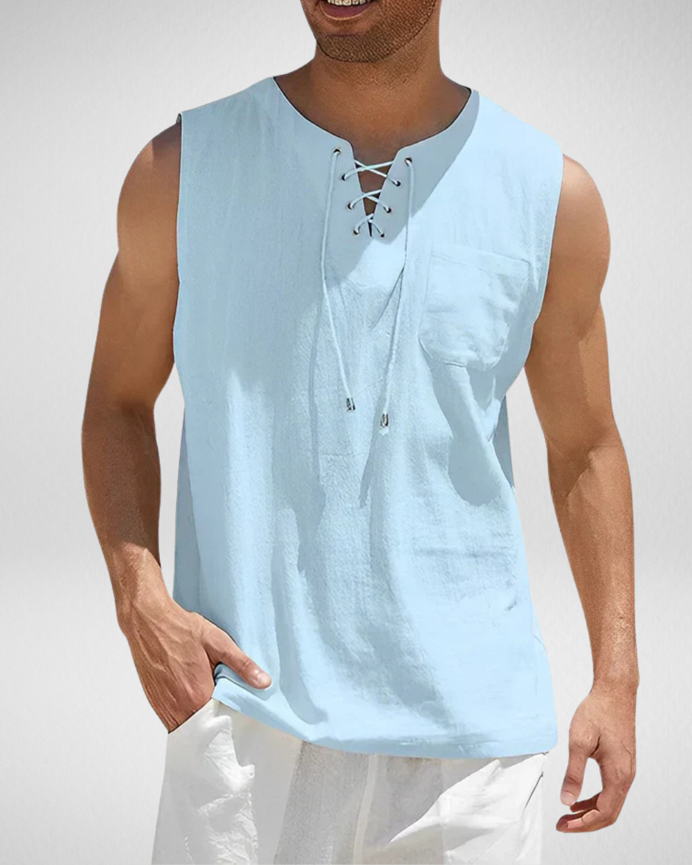 Mouwloos Heren Zomershirt – Vetersluiting – V-Hals
