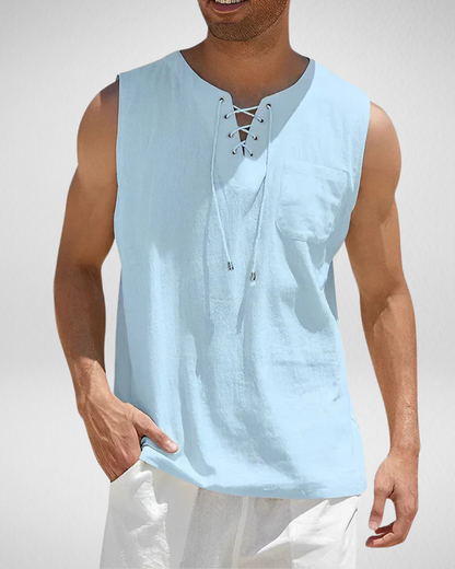 Mouwloos Heren Zomershirt – Vetersluiting – V-Hals