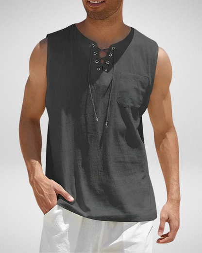 Mouwloos Heren Zomershirt – Vetersluiting – V-Hals