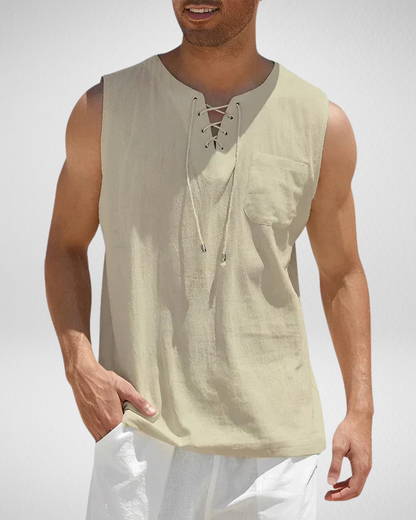 Mouwloos Heren Zomershirt – Vetersluiting – V-Hals