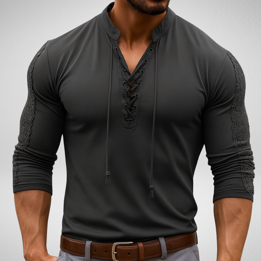 V-hals Shirt met Vetersluiting – Longsleeve - Lichte Stretch