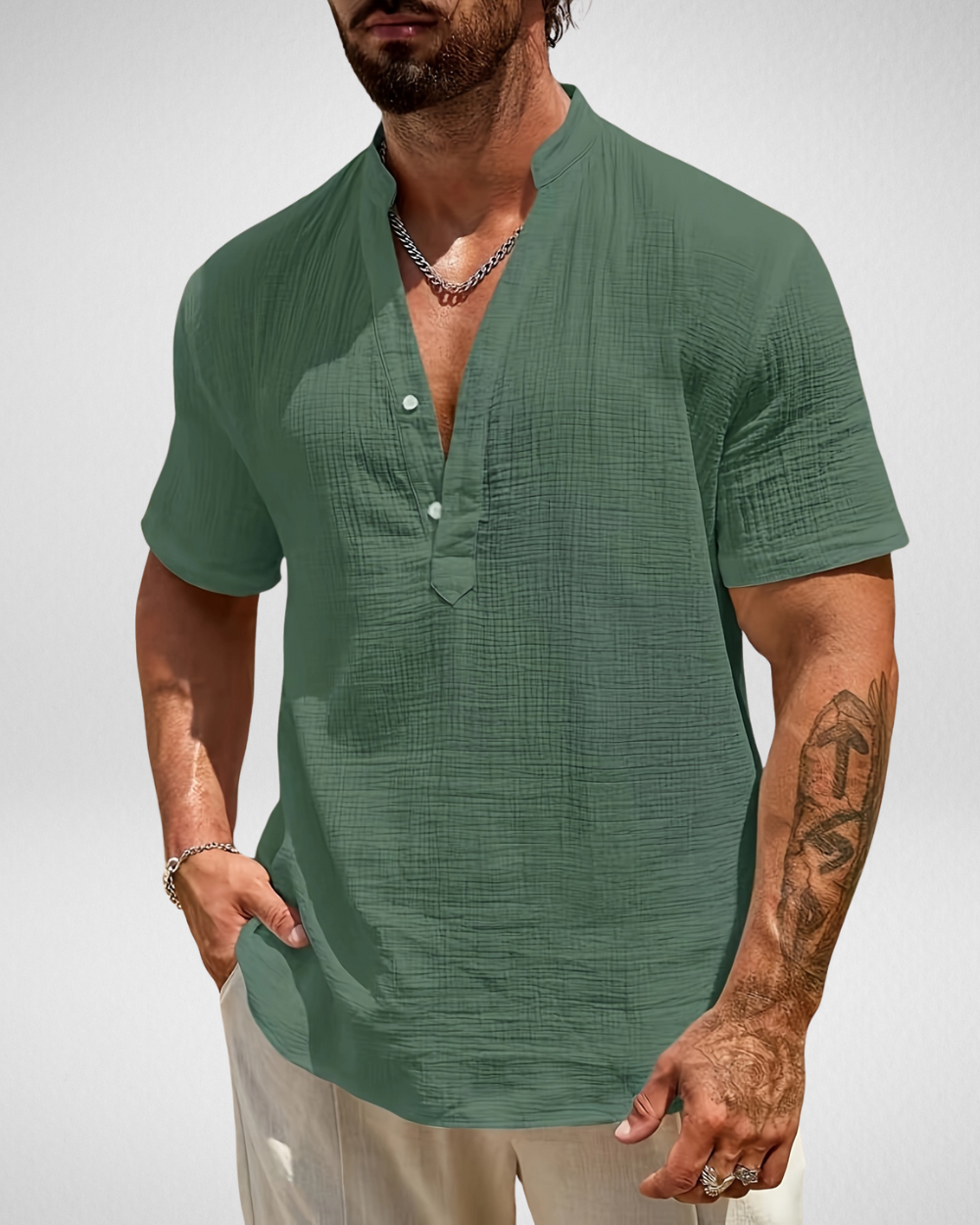 Zomer Heren Overhemd - Henley Shirt - Linnen-look
