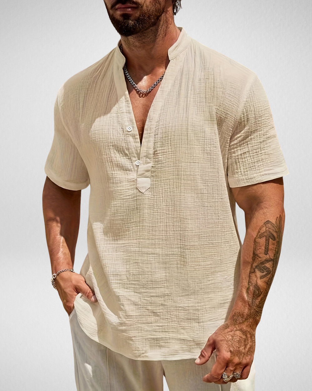 Zomer Heren Overhemd - Henley Shirt - Linnen-look