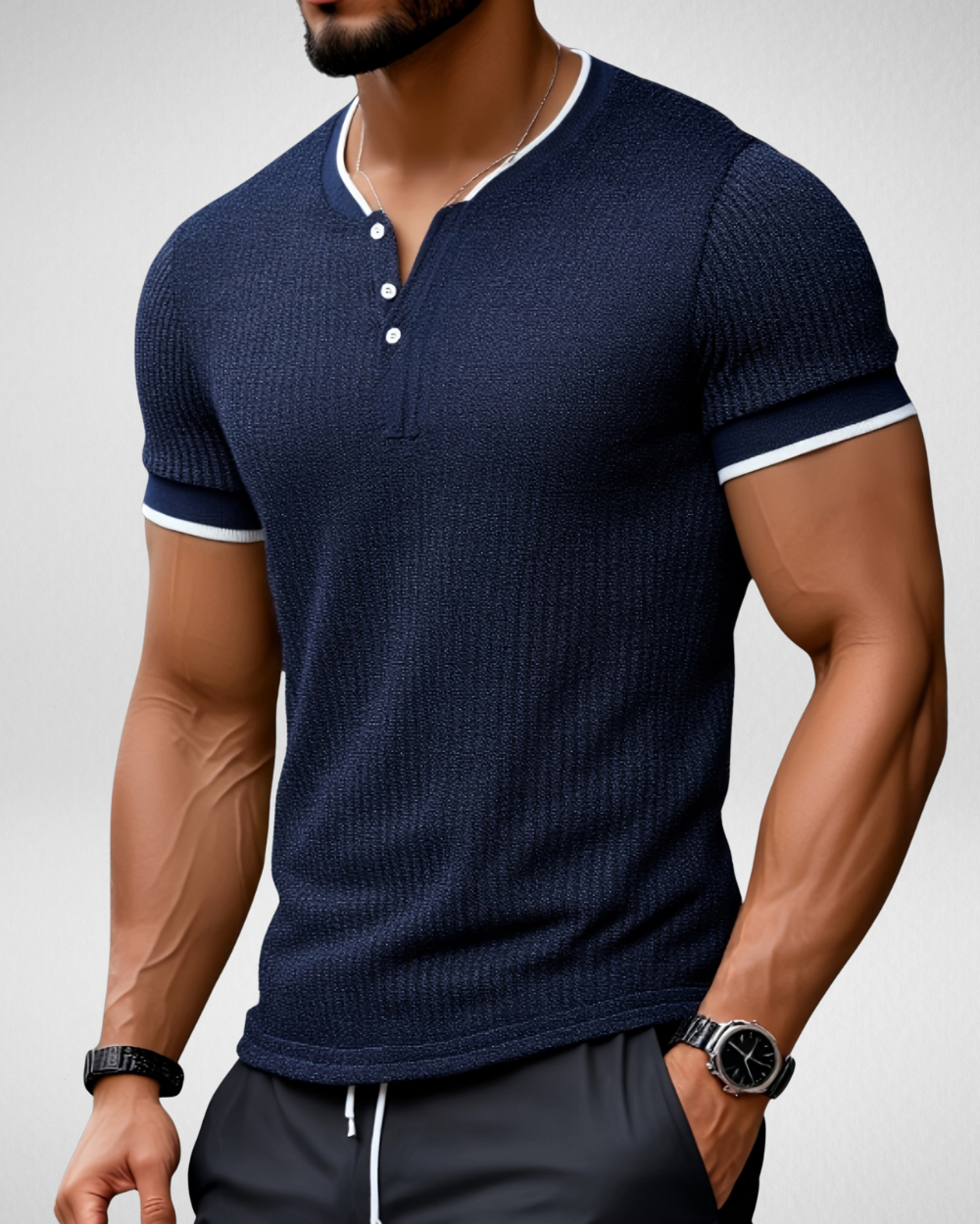Heren Gebreide Knoop T-shirt – Contrasterende Boord – Zomer Casual