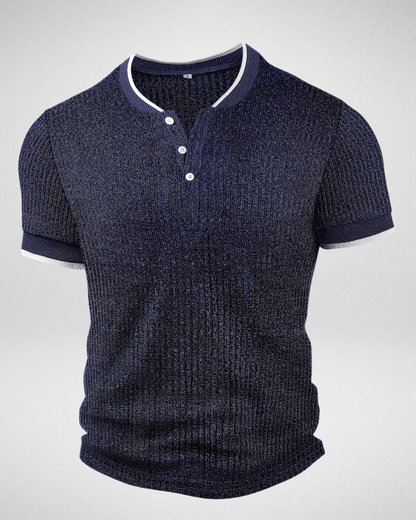 Heren Gebreide Knoop T-shirt – Contrasterende Boord – Zomer Casual
