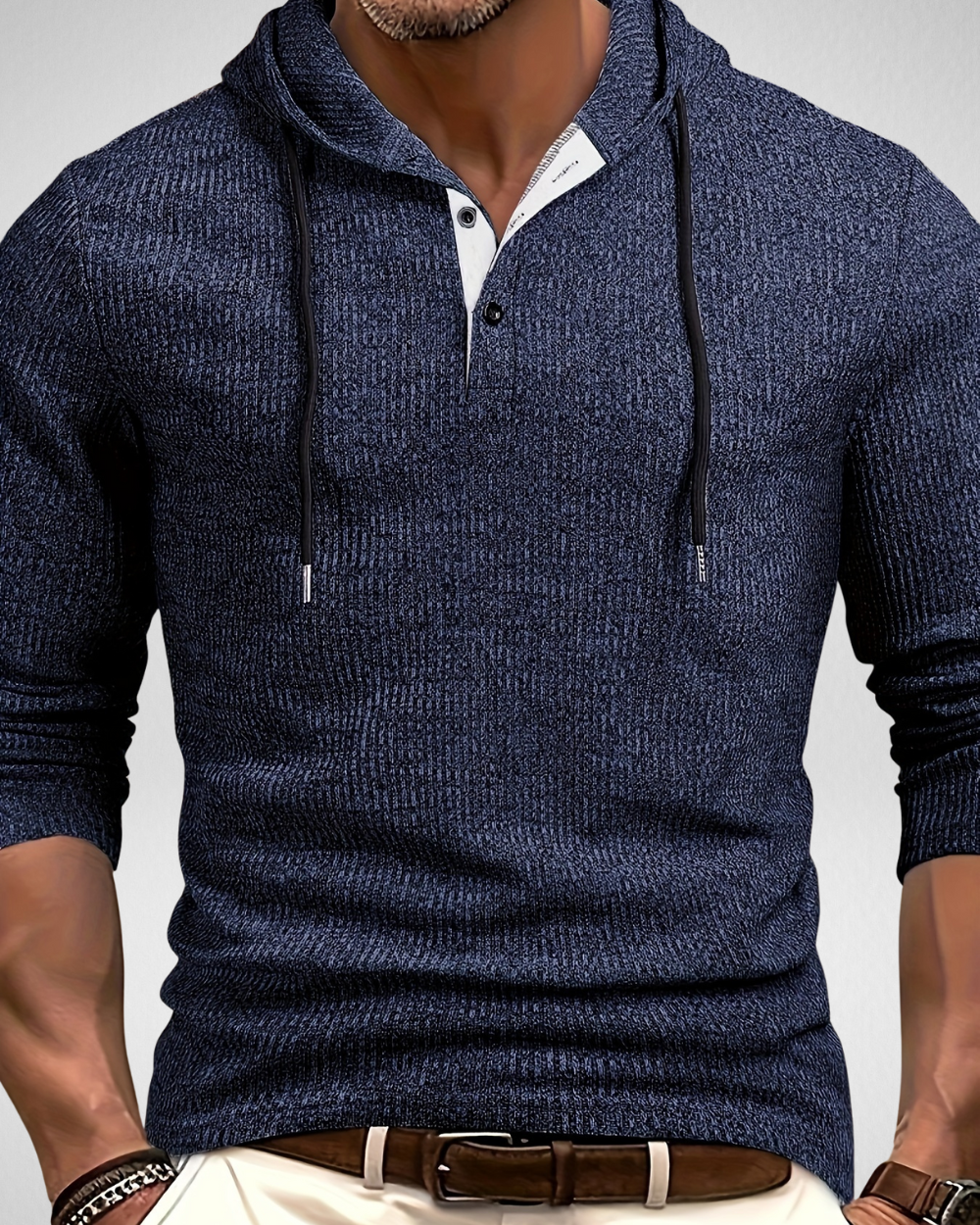 Heren Gebreide Hoodie – Knoopdetail – Herfst