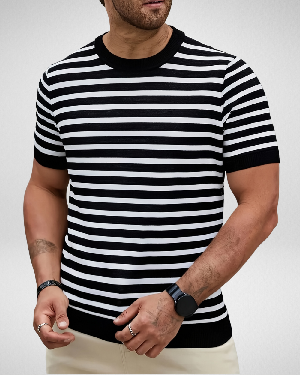 Heren gestreept gebreid T-shirt – Zachte viscosemix – Zomer