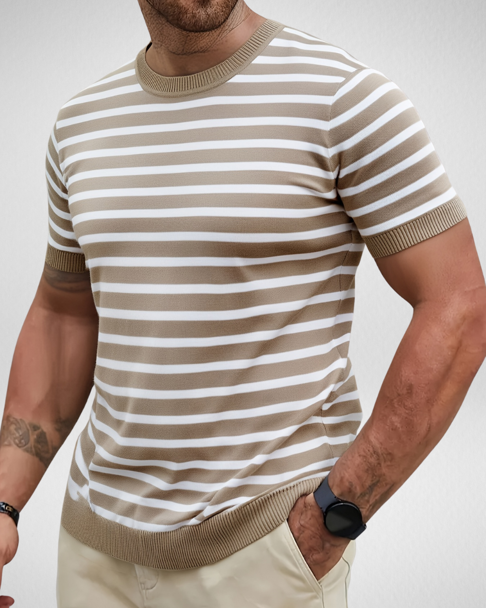Heren gestreept gebreid T-shirt – Zachte viscosemix – Zomer
