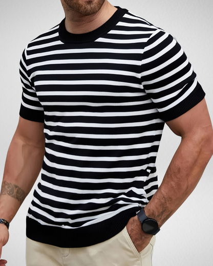 Heren gestreept gebreid T-shirt – Zachte viscosemix – Zomer