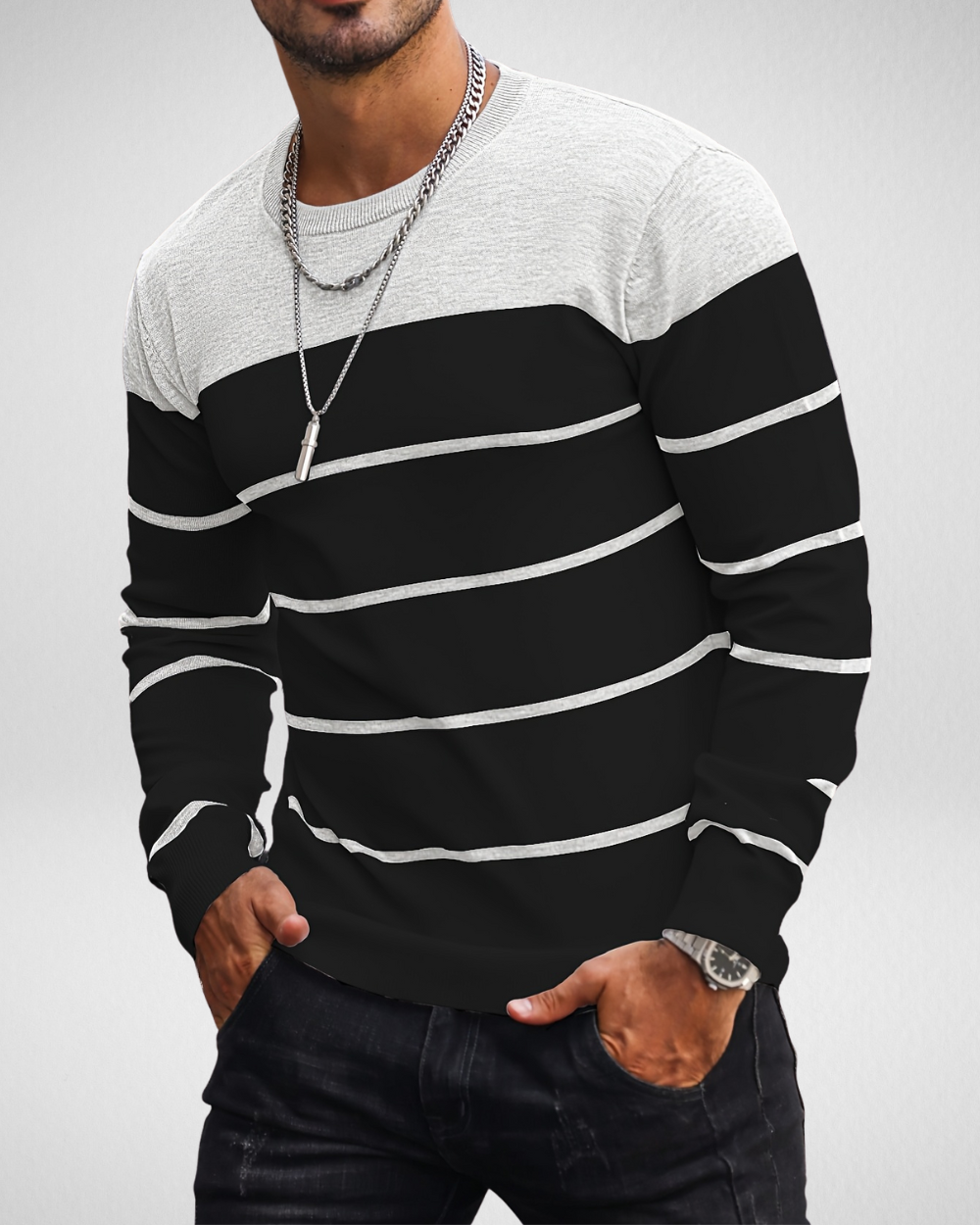 Heren longsleeve – Ribgebreide hals – Herfst