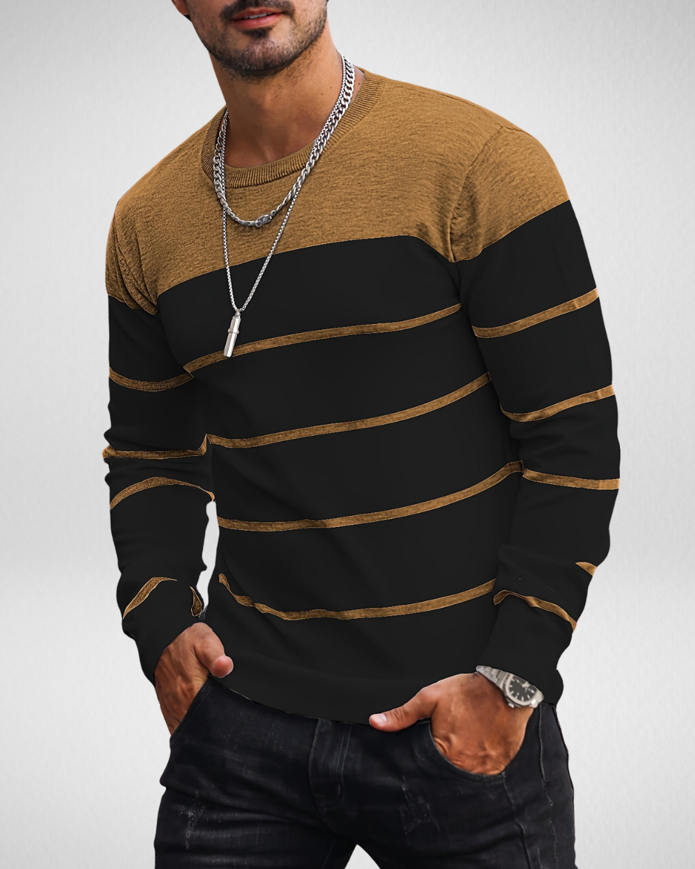 Heren longsleeve – Ribgebreide hals – Herfst