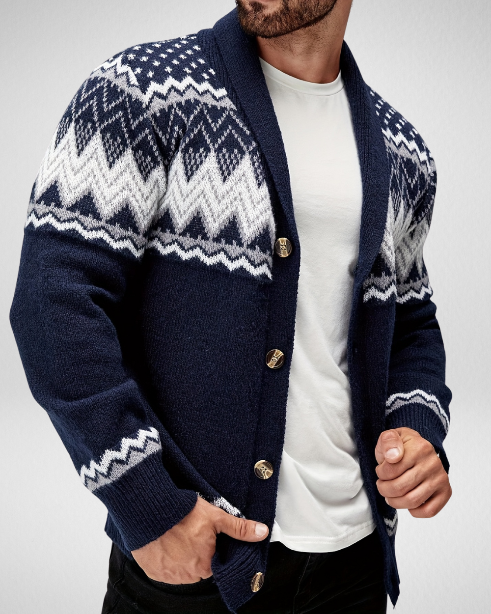 Heren Cardigan – Geometrisch Breipatroon – Casual Herfst & Winter