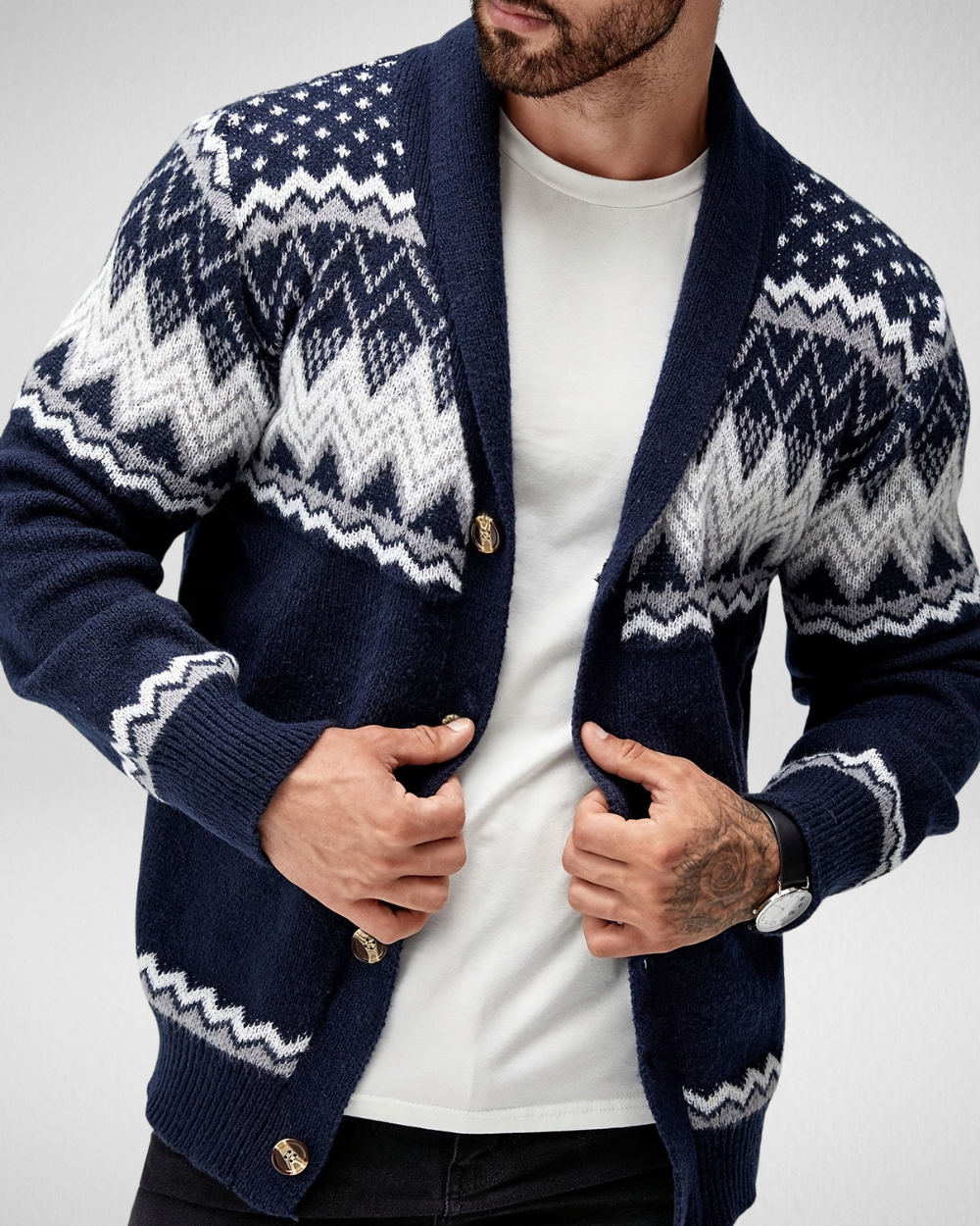 Heren Cardigan – Geometrisch Breipatroon – Casual Herfst & Winter