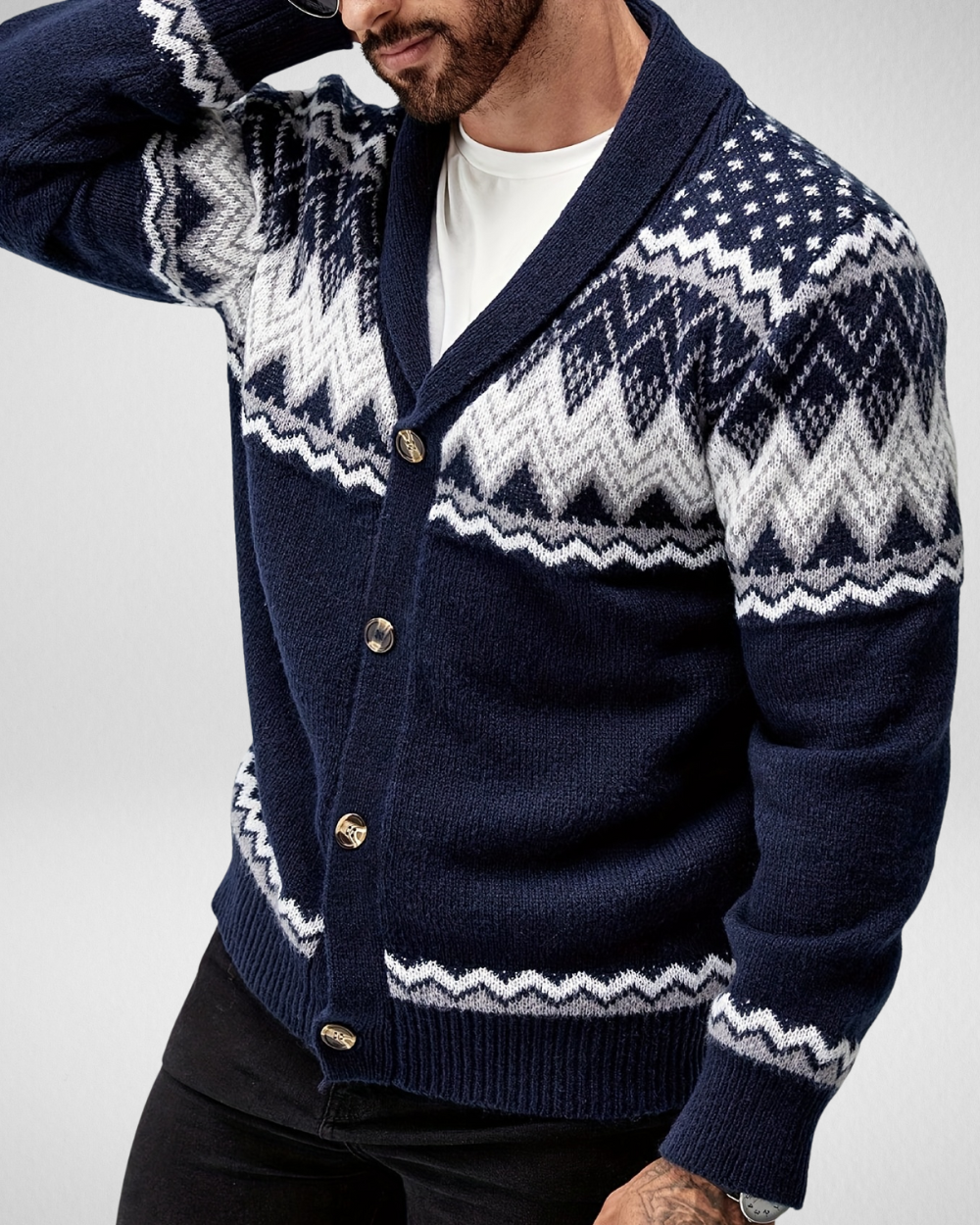 Heren Cardigan – Geometrisch Breipatroon – Casual Herfst & Winter