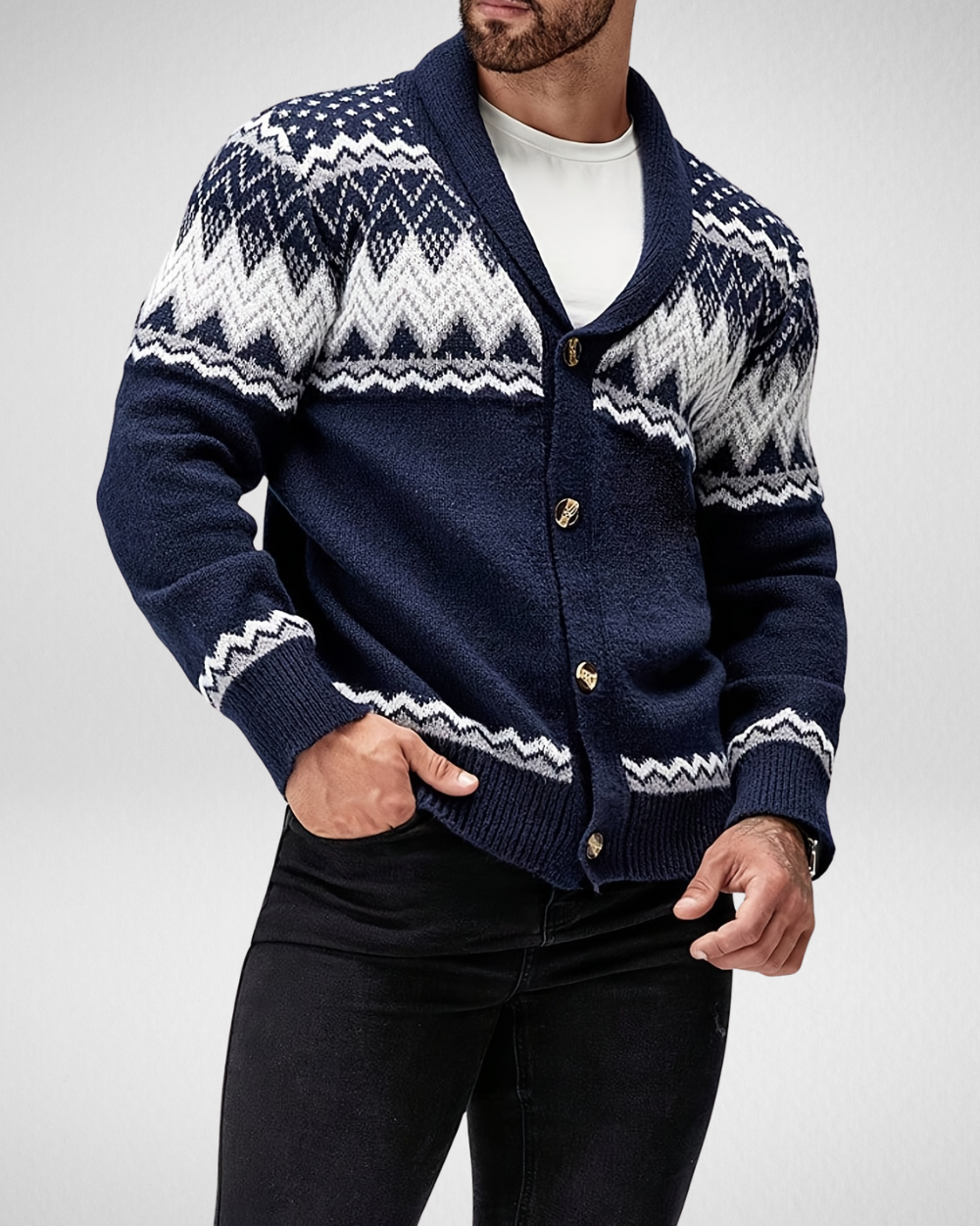 Heren Cardigan – Geometrisch Breipatroon – Casual Herfst & Winter