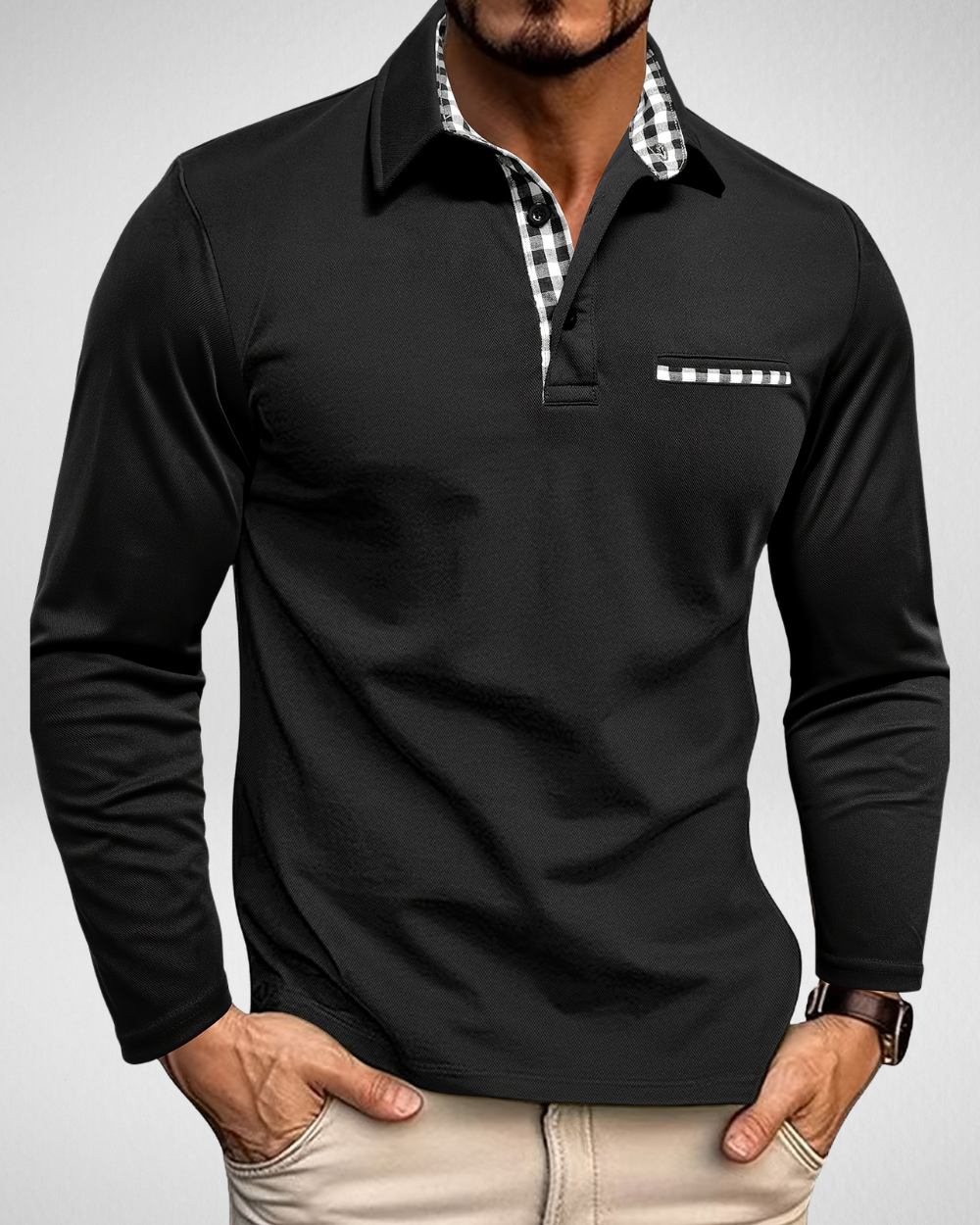 Heren Polo Shirt – Lange Mouw – Geruit Detail Look