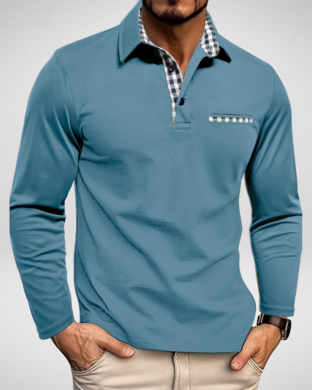 Heren Polo Shirt – Lange Mouw – Geruit Detail Look