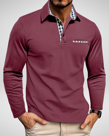 Heren Polo Shirt – Lange Mouw – Geruit Detail Look