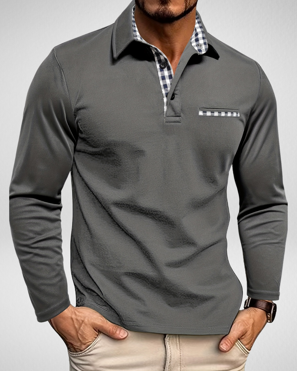 Heren Polo Shirt – Lange Mouw – Geruit Detail Look