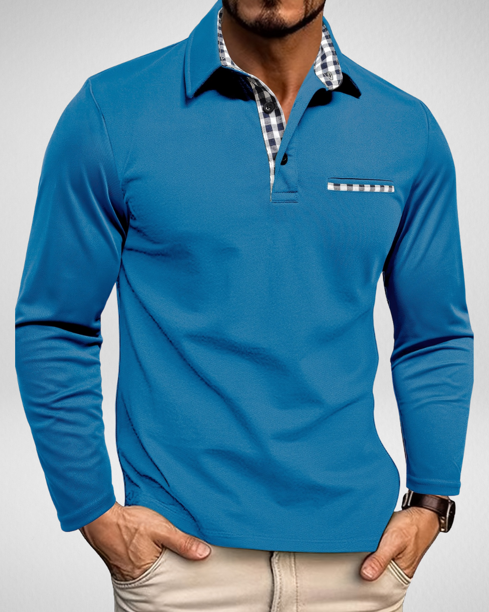 Heren Polo Shirt – Lange Mouw – Geruit Detail Look